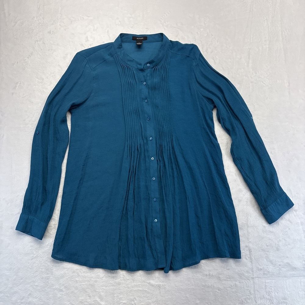 ALFANI Blouse Women's Medium Turquoise Pintuck Panel Button Down